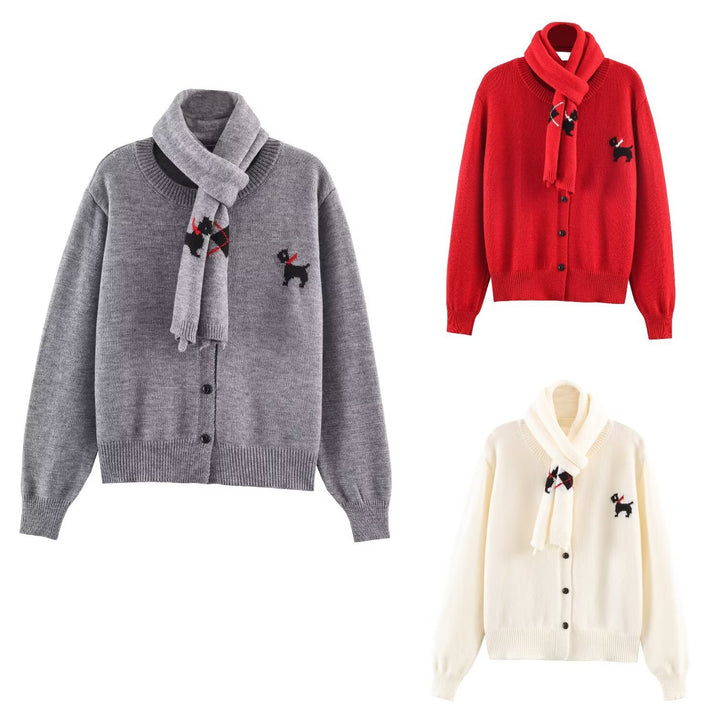 Damen Gestrickte Kurzjacke mit integriertem Schal und Hundeintarsie Drune