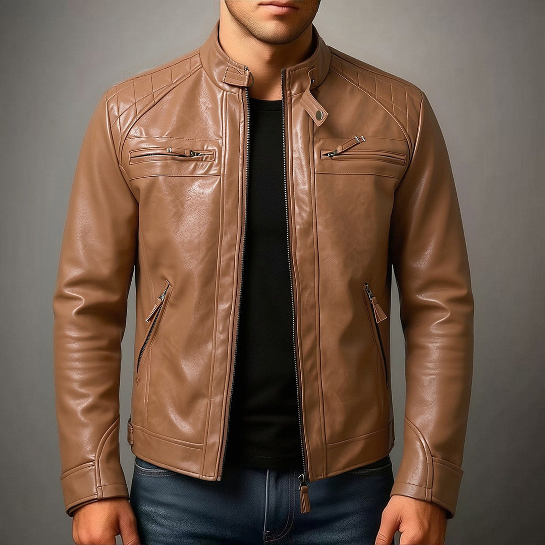 Herren Biker-inspirierte Kunstlederjacke mit Stehkragen, gesteppter Schulterpartie und Reißverschlusstaschen Drune