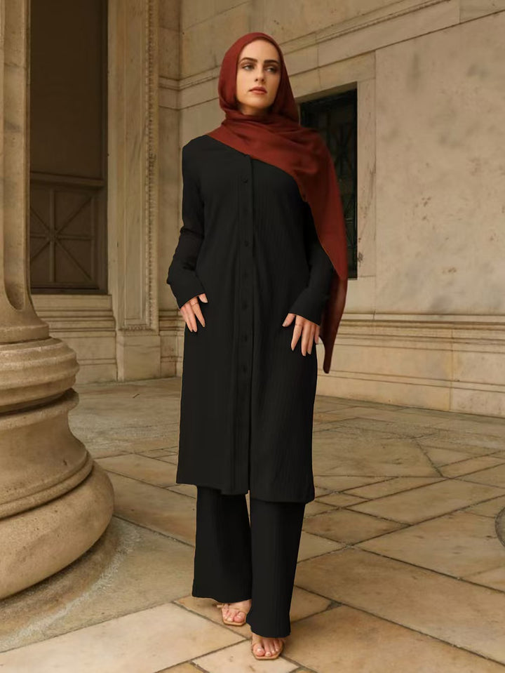 Damen Modestisches Knopf-Tunika-Set mit gerader Silhouette, langen Ärmeln und weitem Palazzo-Hosenbein Drune