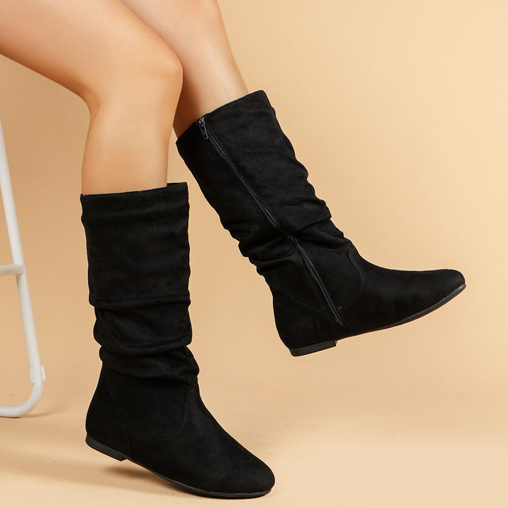 Damen Slouch-Stiefel mit flachem Absatz, seitlichem Reißverschluss und weichem Velours Drune