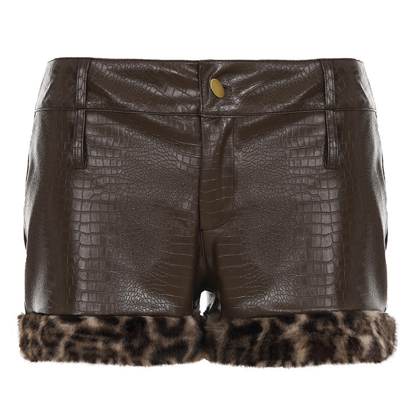 Damen Leder-Shorts mit Leopardenbesatz Drune