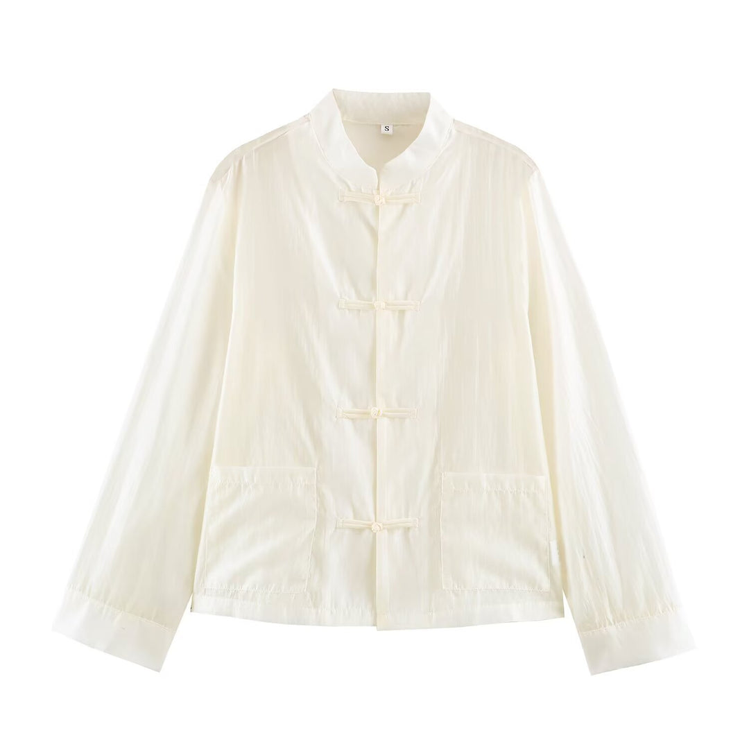 Damen Leichte chinesisch-inspirierte Oversize-Jacke mit Mandarinkragen und Knotenverschlüssen Drune