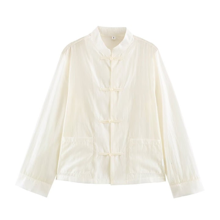 Damen Leichte chinesisch-inspirierte Oversize-Jacke mit Mandarinkragen und Knotenverschlüssen Drune