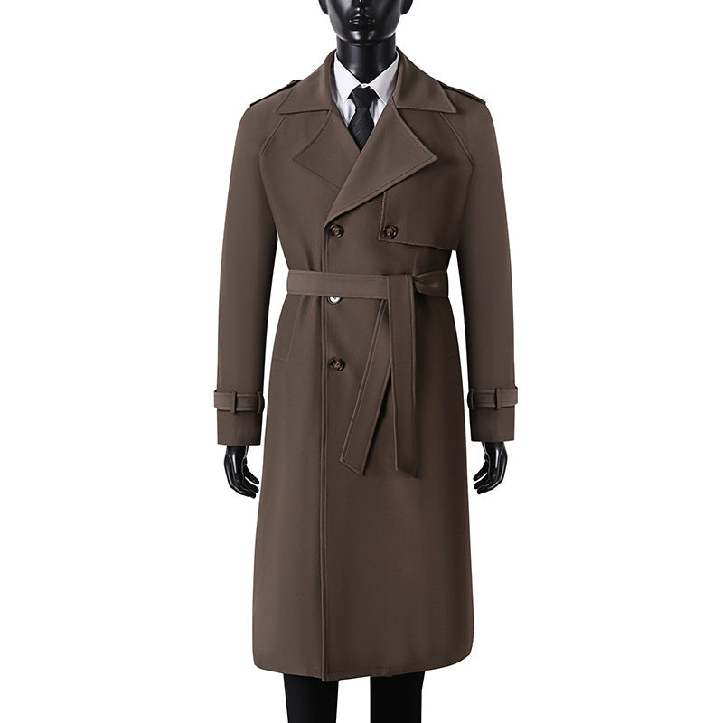 Herren Langer Minimalistischer Trenchcoat mit Sturmklappe Taillengürtel und verstellbaren Manschetten Drune