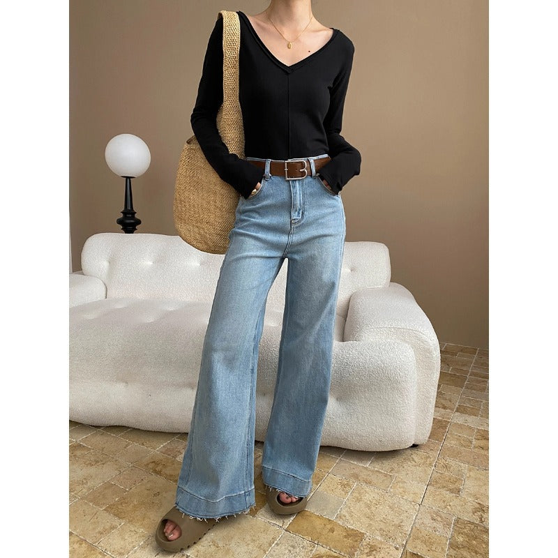 Damen elegantes Langarmshirt mit tiefem V-Ausschnitt und feiner Rippstruktur Drune