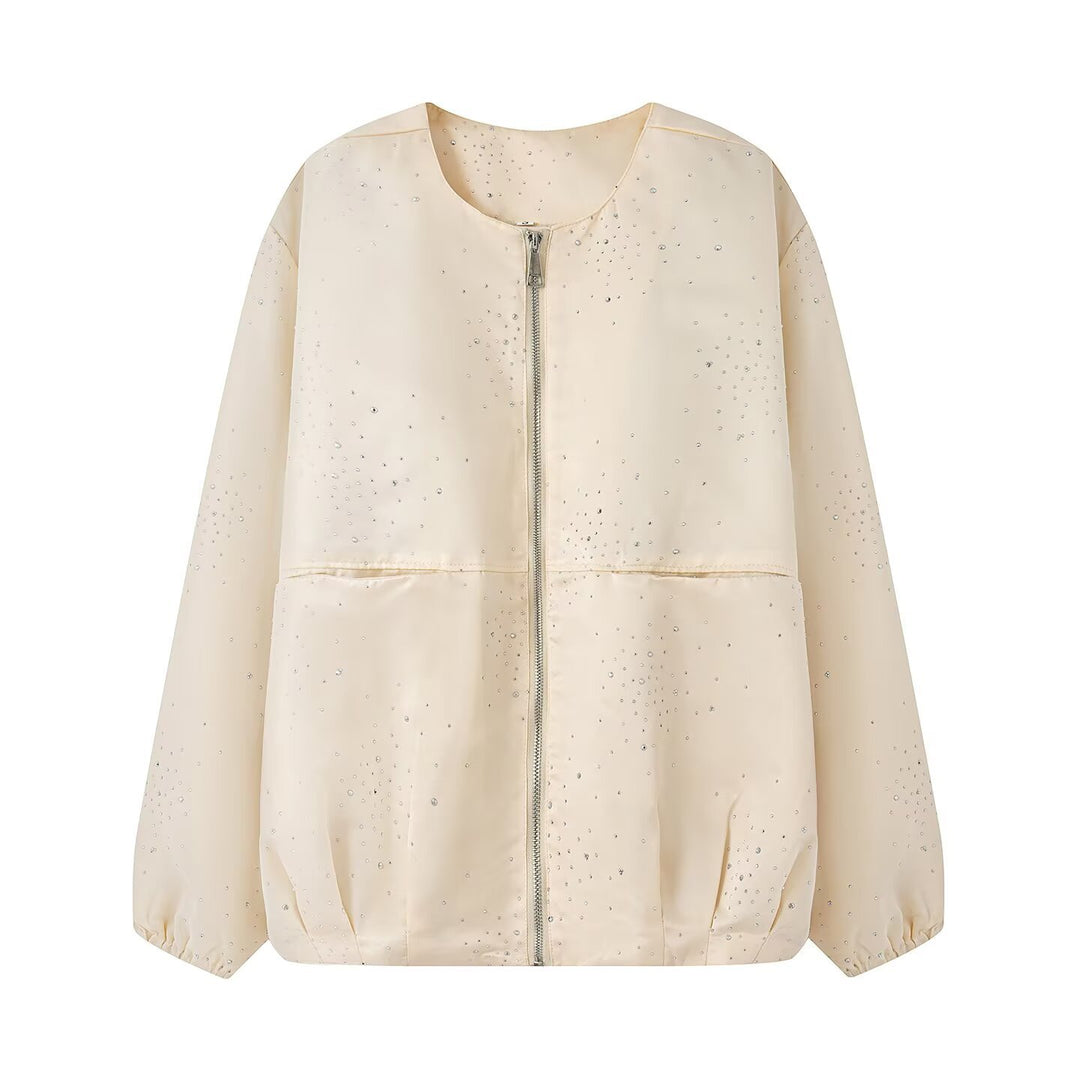 Damen Boxy‑Blouson mit Rundhals, Metallreißverschluss und dezentem Glitzerbesatz Drune