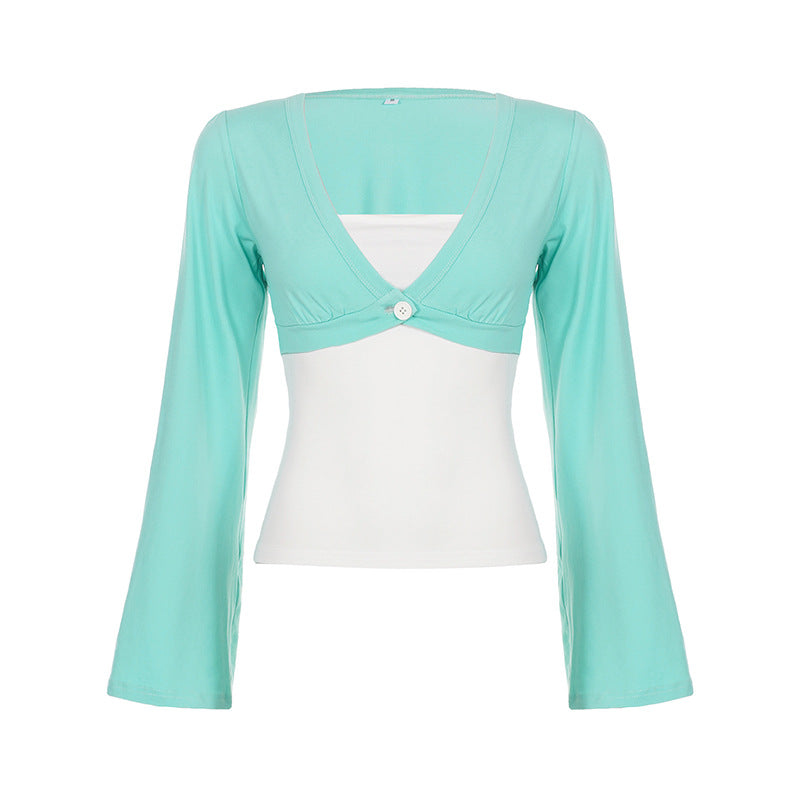 Damen nan Bolero-Overlay-Top mit tiefem V-Ausschnitt, ausgestellten Trompetenärmeln und integrierter Camisole Drune