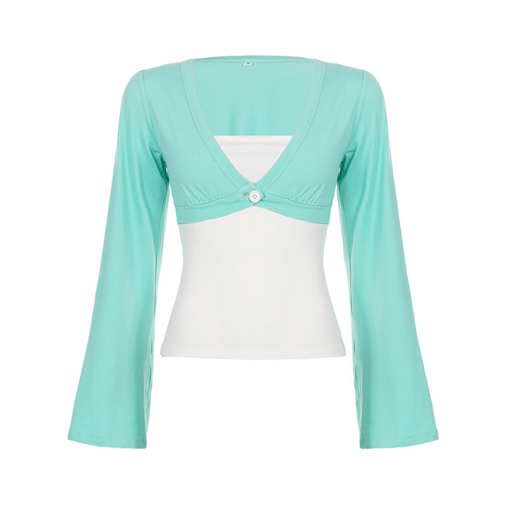 Damen nan Bolero-Overlay-Top mit tiefem V-Ausschnitt, ausgestellten Trompetenärmeln und integrierter Camisole Drune