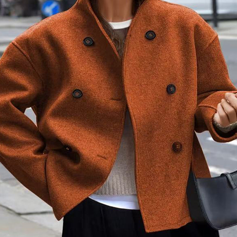 Damen Kurz geschnittener Oversize-Wollmantel mit doppelreihiger Knopfleiste und Stehkragen Drune