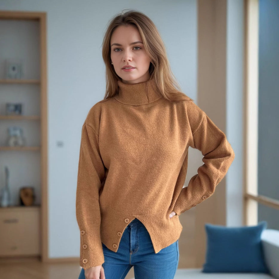 Damen gemütlicher Rollkragenpullover mit Knopfdetails Drune