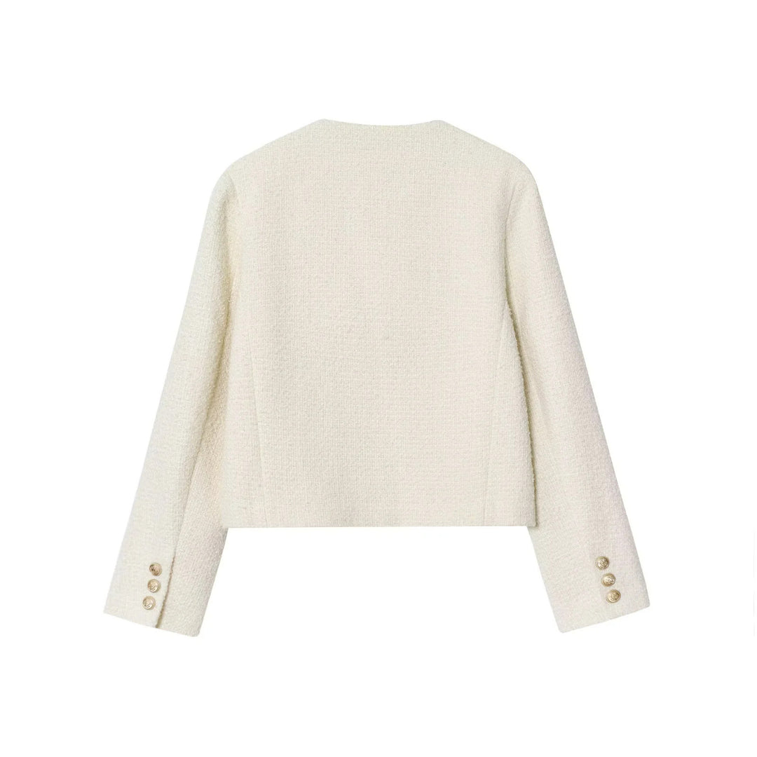 Damen nan kastige Bouclé-Jacke mit Rundhalsausschnitt goldenen Zierknöpfen und aufgesetzten Brusttaschen Drune