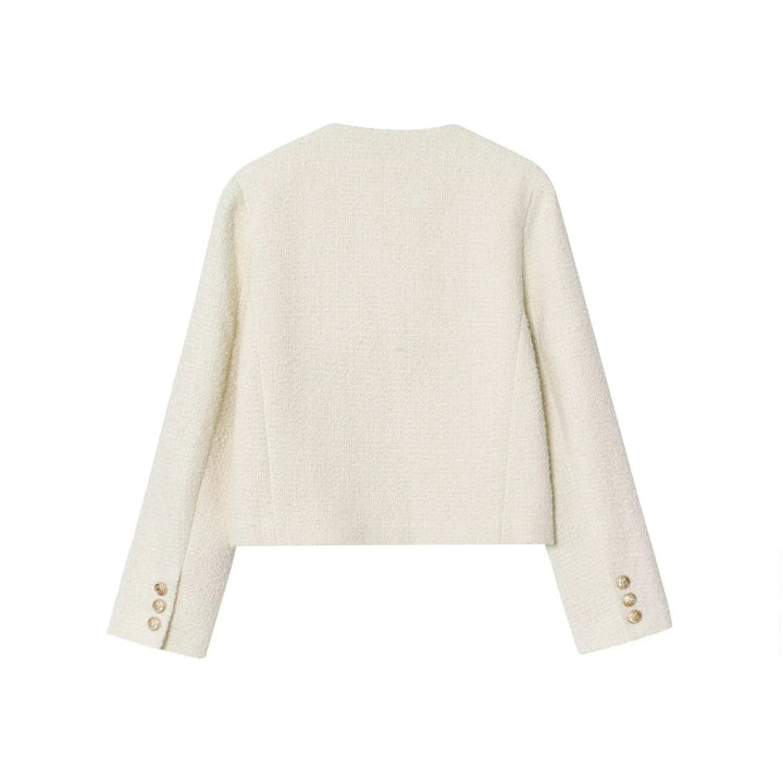 Damen nan kastige Bouclé-Jacke mit Rundhalsausschnitt goldenen Zierknöpfen und aufgesetzten Brusttaschen Drune