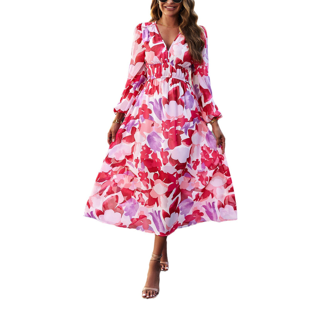 Damen Midi-Kleid mit floralem Druck und elastischem Tailleneinsatz Drune