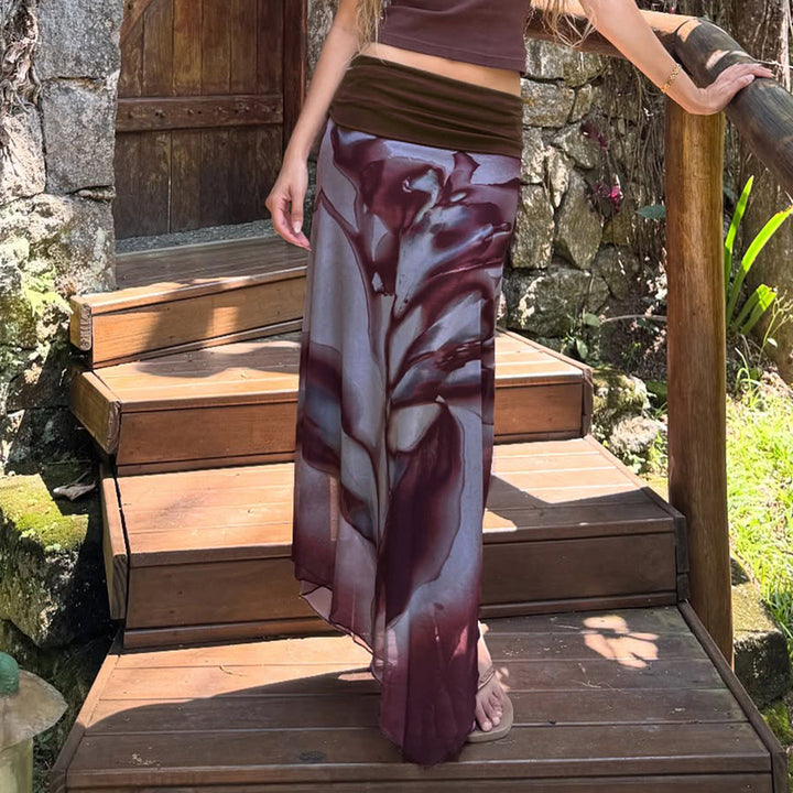Damen Asymmetrischer Lagen-Chiffon-Maxirock mit Umschlagbund und Aquarellprint Drune