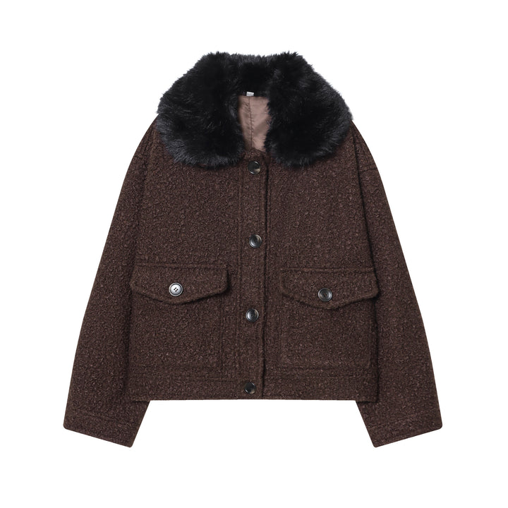 Damen nan cropped Bouclé‑Jacke mit abnehmbarem Kunstfellkragen, kastiger Silhouette und Pattentaschen Drune