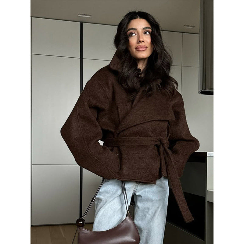 Damen Oversized Wolljacke mit modischem Gürtel und praktischem Knopfdetail Drune