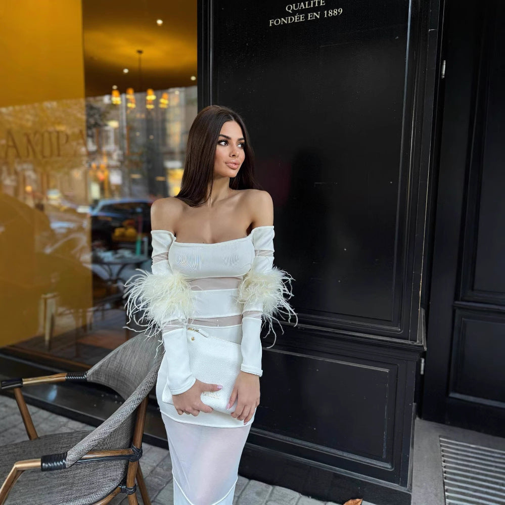 Damen Elegantes Kleid mit transparenten Einsätzen und federverzierten Ärmeln Drune