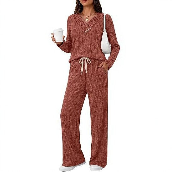 Damen Weiches Rippstrick-Lounge-Set mit V-Ausschnitt und Kordelbund Drune
