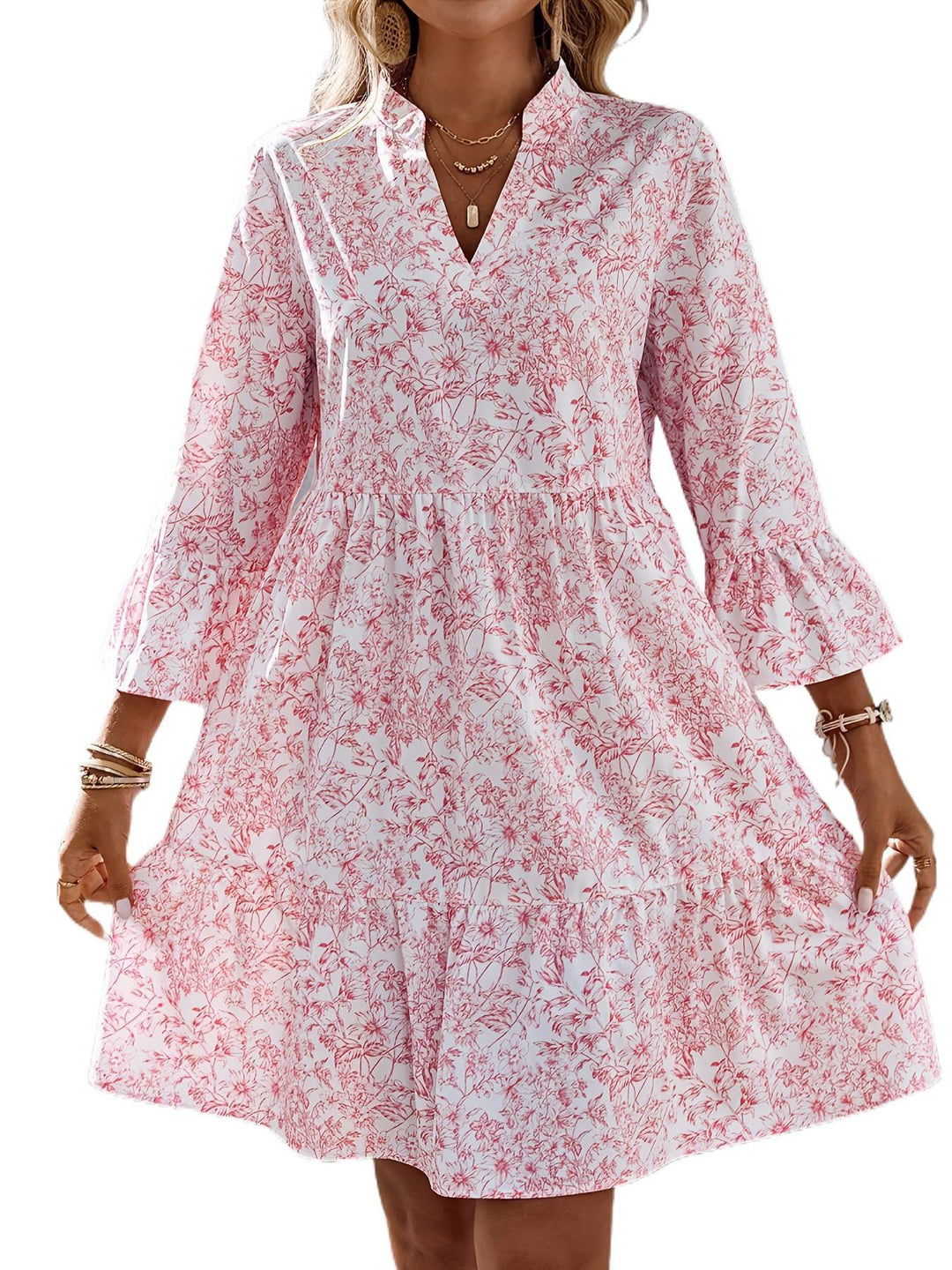 Damen Leichtes Viskose-Tunikakleid mit Blumenprint V-Ausschnitt und Volantärmeln Drune