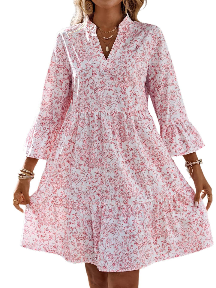 Damen Leichtes Viskose-Tunikakleid mit Blumenprint V-Ausschnitt und Volantärmeln Drune