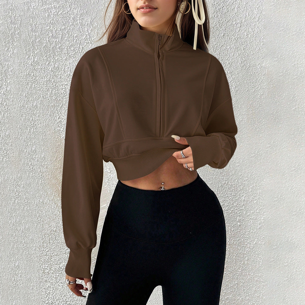 Damen kurzes Stehkragen-Sweatshirt mit halbem Reißverschluss, tailliertem Rippenbund und Daumenloch-Ärmeln Drune