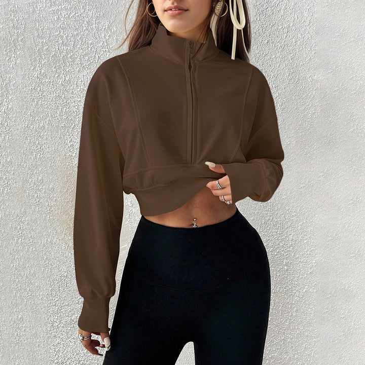 Damen kurzes Stehkragen-Sweatshirt mit halbem Reißverschluss, tailliertem Rippenbund und Daumenloch-Ärmeln Drune