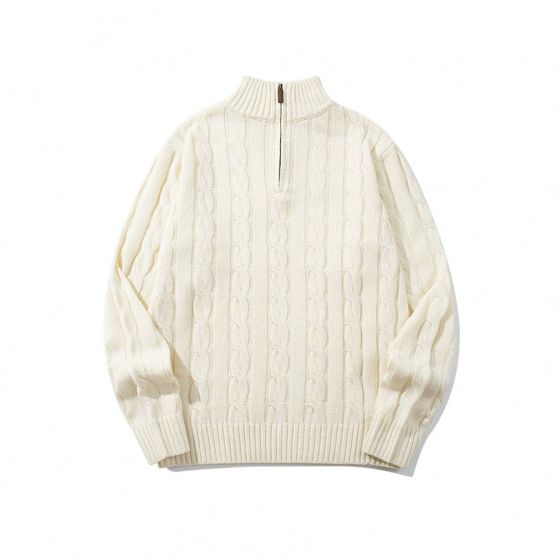 Unisex Grobgestrickter Halbreißverschluss-Zopfmuster-Pullover mit Stehkragen und gerippten Abschlüssen Drune