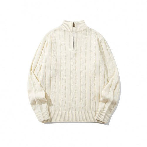 Unisex Grobgestrickter Halbreißverschluss-Zopfmuster-Pullover mit Stehkragen und gerippten Abschlüssen Drune