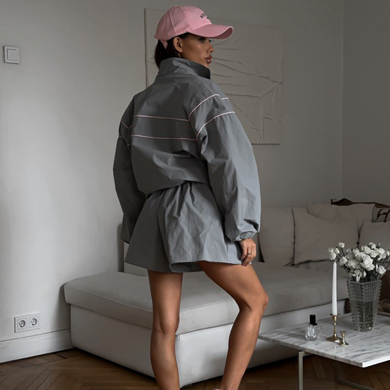 Damen nan Oversize Windbreaker-Set mit Taillenzug und hochgeschnittenen Shorts Drune