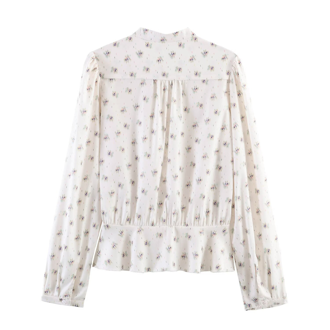 Damen Chiffon-Bluse mit Schleifenkragen, Brustpintucks und Schößchen Drune