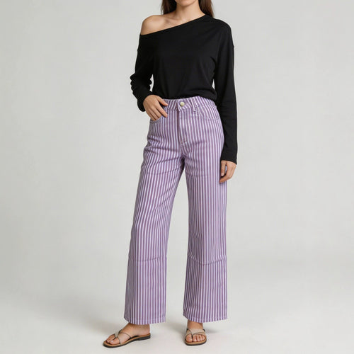 Damen nan weite High-Waist Palazzohose mit vertikalen Streifenoptik und abgesteppten Kniepartien Drune