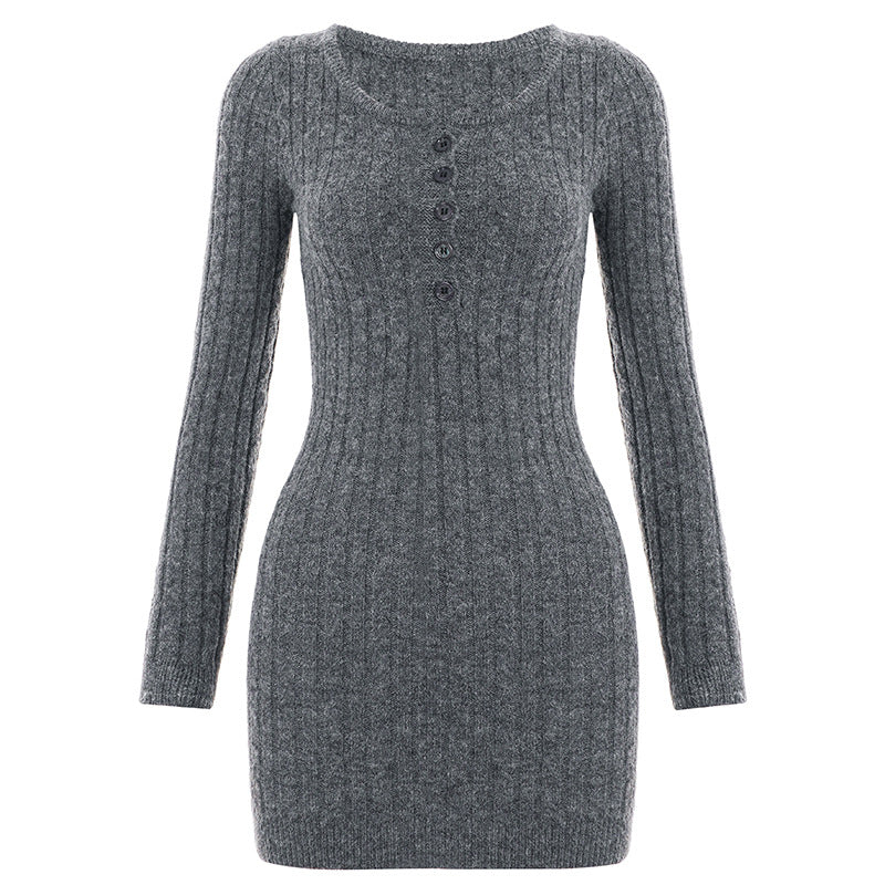 Damen nan figurbetontes Ripp-Strickkleid mit Henley-Knopfleiste und langem Arm Drune