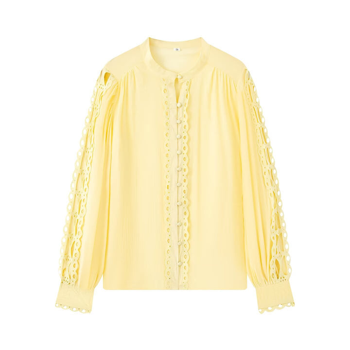 Damen Bluse mit Spitzen‑Cutouts, feiner Knopfleiste und Ballonärmeln Drune