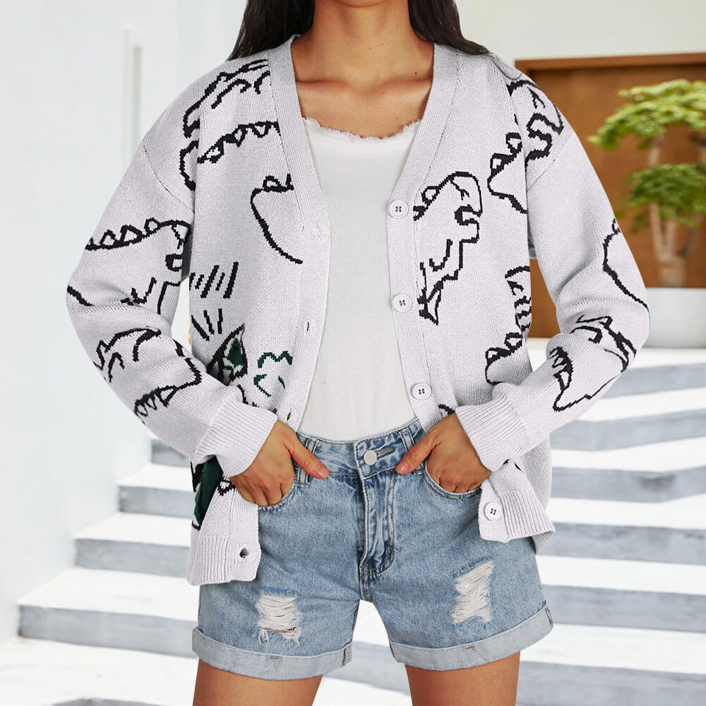 Damen Gemusterte Strickjacke mit lustigem Dinosaurier-Motiv Drune