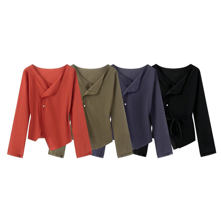 Damen Wickelbluse mit asymmetrischer Vorderseite, V‑Ausschnitt und Bindegürtel Drune
