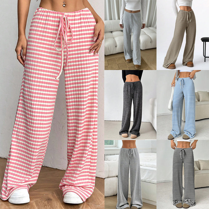 Damen Loungewear-Hose mit weitem Bein, geripptem Feinstrick und Kordelzug Drune