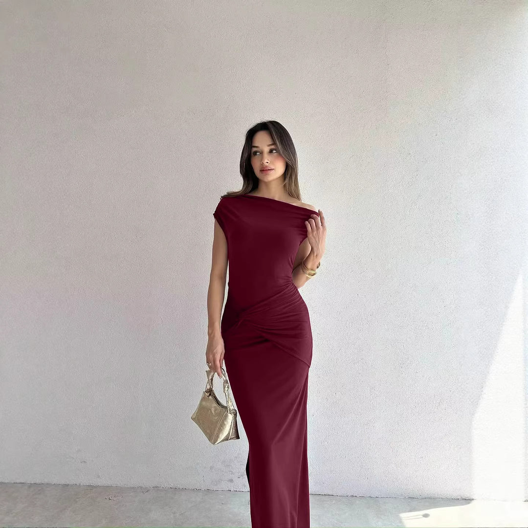 Damen Elegantes Maxikleid mit Off-Shoulder Design und dekorativer Raffung Drune