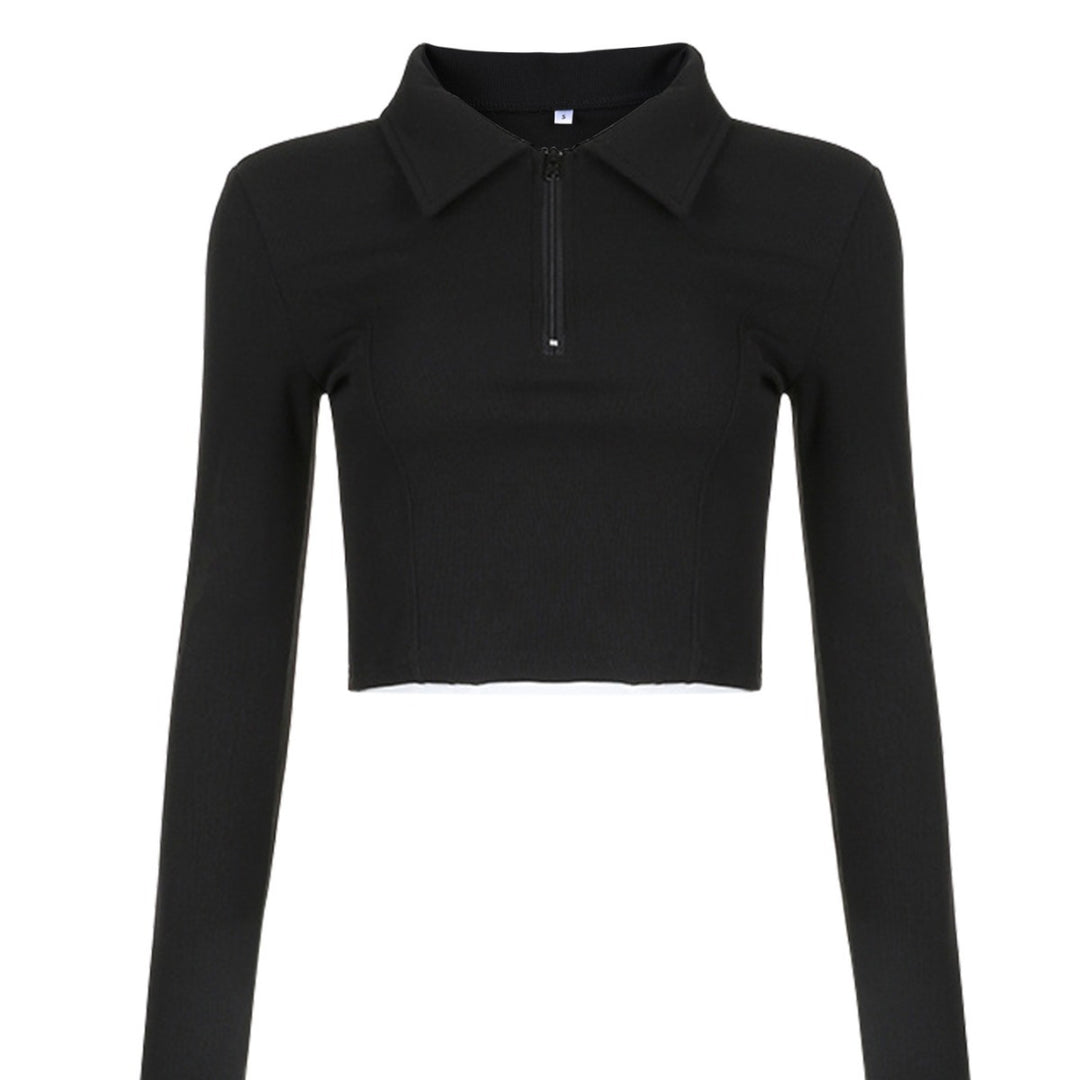 Damen langärmliges cropped Poloshirt mit weichem Strukturmaterial Drune