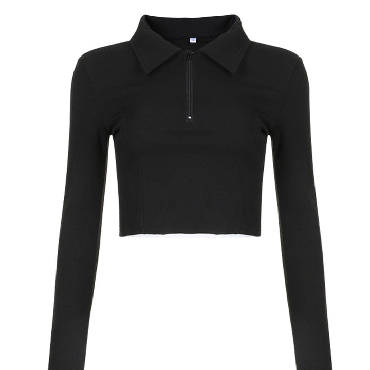 Damen langärmliges cropped Poloshirt mit weichem Strukturmaterial Drune