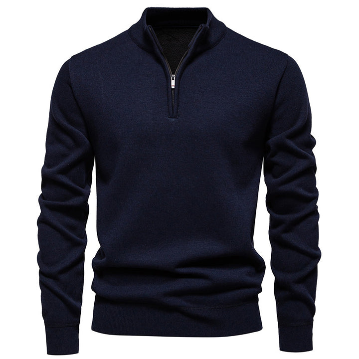 Herren nan Slim-Fit Feinstrickpullover mit kurzem Reißverschluss, Stehkragen und geripptem Bund Drune