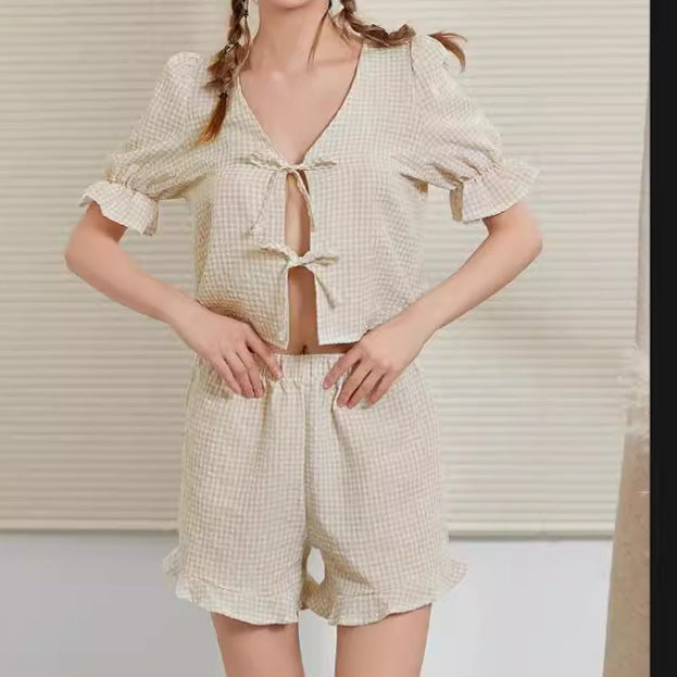 Damen Kurzschlafanzug Set mit Rüschen-Details Drune