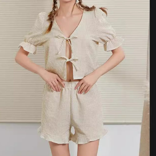 Damen Kurzschlafanzug Set mit Rüschen-Details Drune