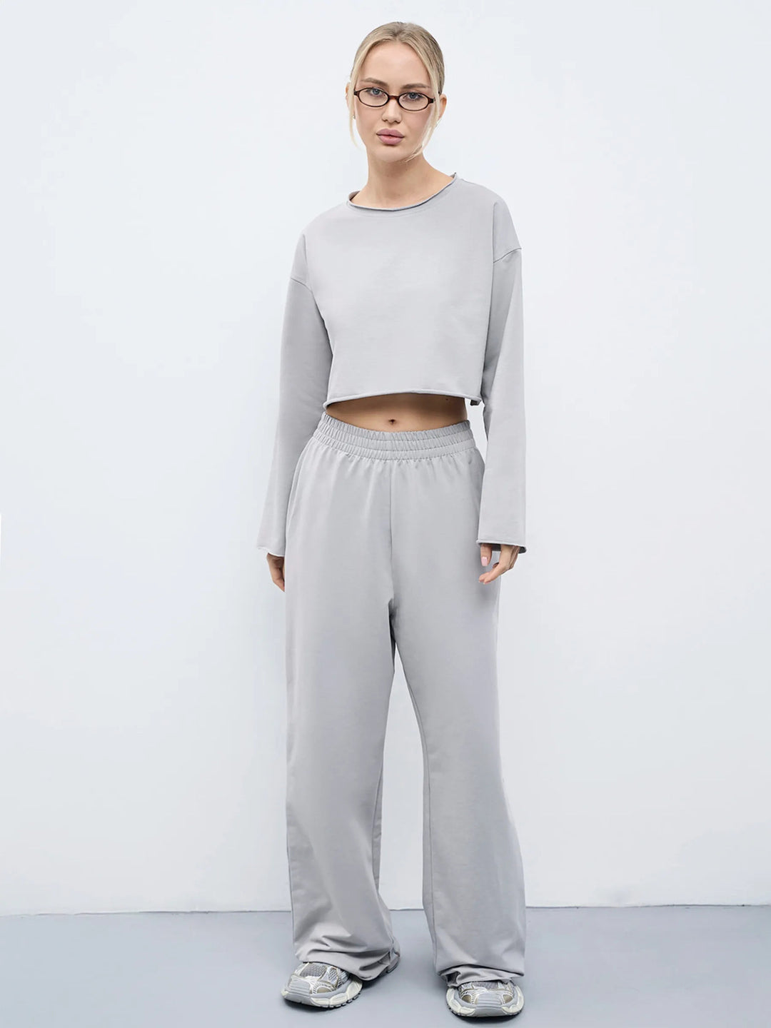 Damen Kurzgeschnittenes Sweatshirt und High-Waist Relax-Jogginghose Set Drune