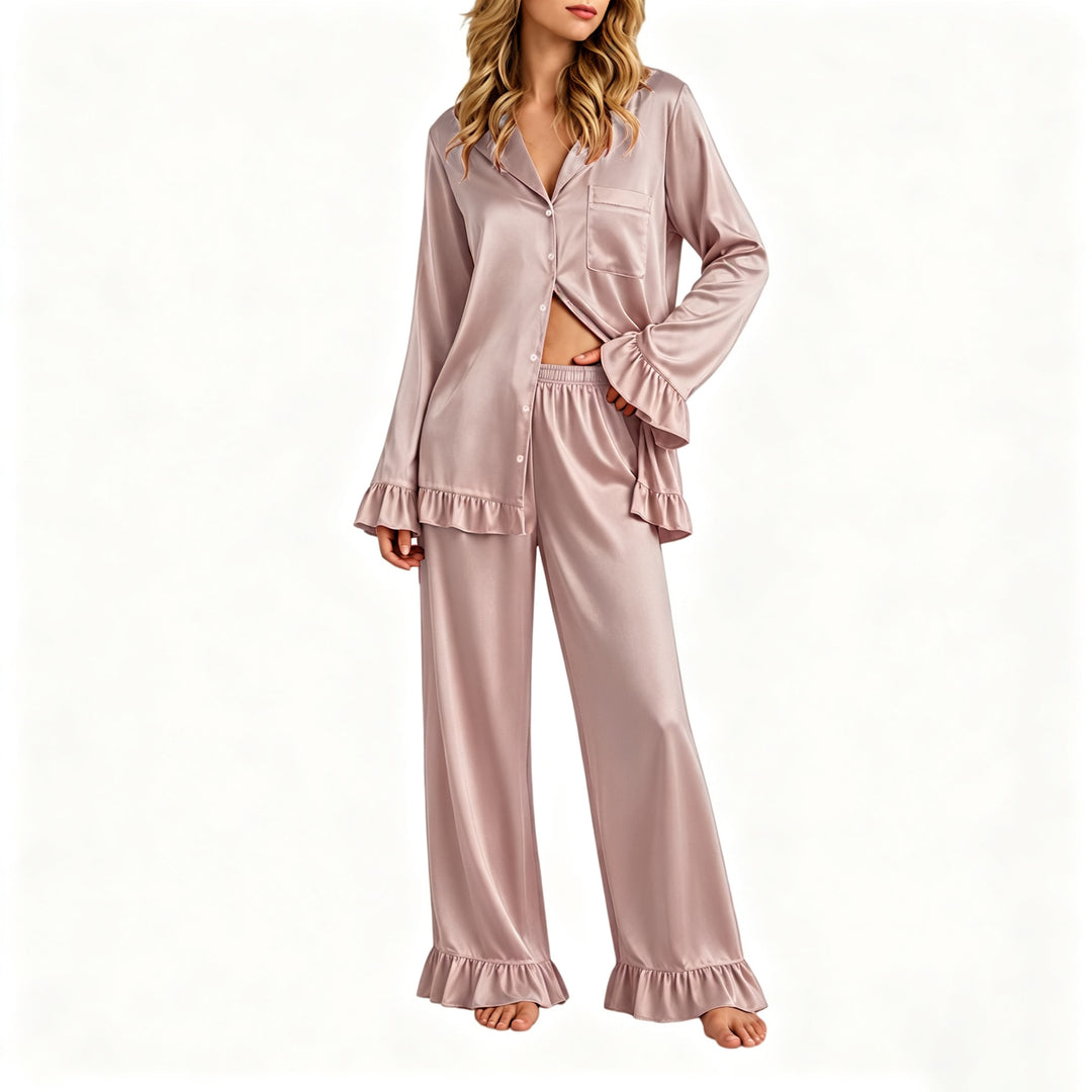 Damen Satin-Pyjama-Set mit Knopfhemd, weiten Palazzo-Hosen und Rüschensaum Drune