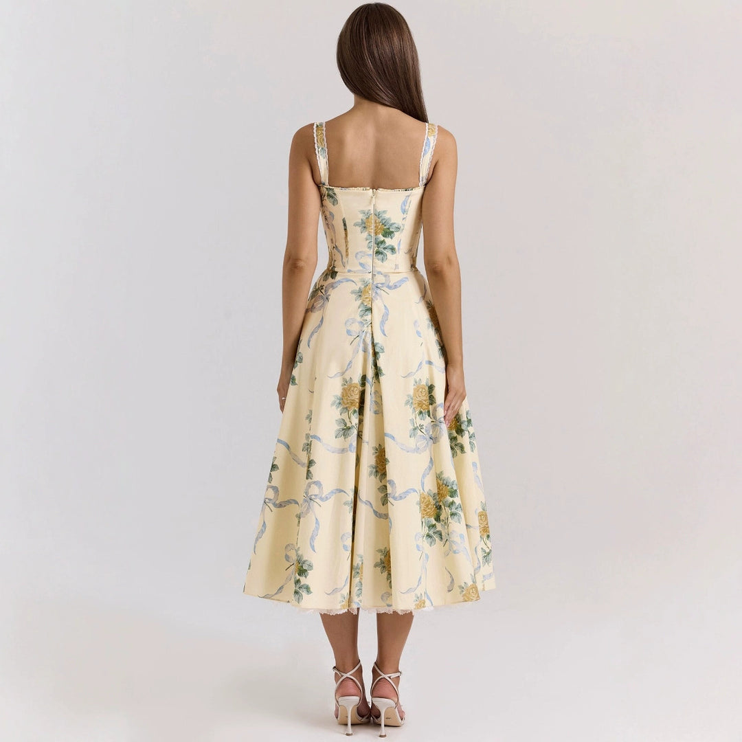 Damen Maxikleid mit floralem Design und eleganter Schnürung Drune