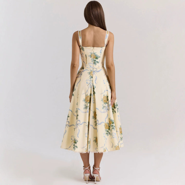 Damen Maxikleid mit floralem Design und eleganter Schnürung Drune