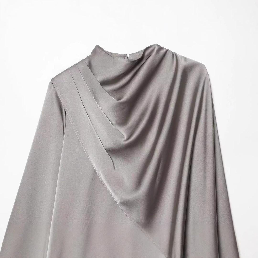 Damen Asymmetrische Drapierte Satinbluse mit Wasserfallkragen Drune