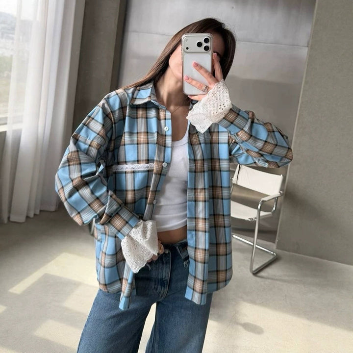 Damen Oversize-kariertes Flanellhemd mit Spitzenmanschetten und Zierpaspel Drune