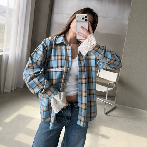 Damen Oversize-kariertes Flanellhemd mit Spitzenmanschetten und Zierpaspel Drune