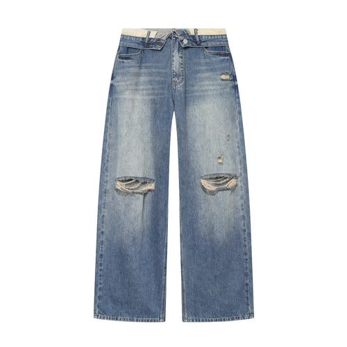 Damen Weite Ripped Denim‑Jeans mit Knie‑Löchern und hoher Leibhöhe Drune
